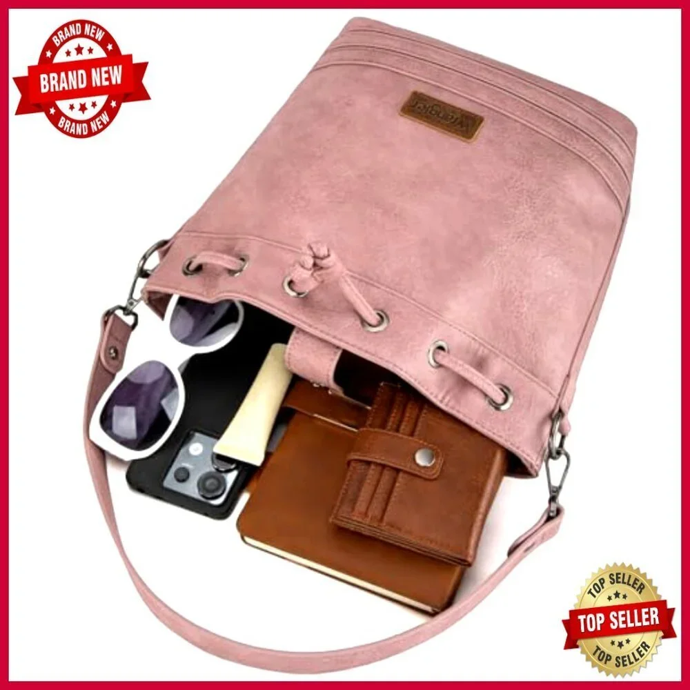 Vegan Leather Hobo Shoulder Bag with Drawstring, 10x5x10.4 Inches